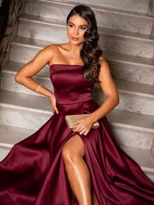 Strapless Party Dress With Crossover Back Closure. - Burgundy - View 2
