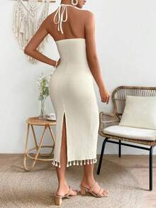 Vestido largo de vacaciones y playa para mujer con hombros descubiertos, cuello halter, unicolor, flecos, ajuste ceñido y abertura - Albaricoque - Ver 3