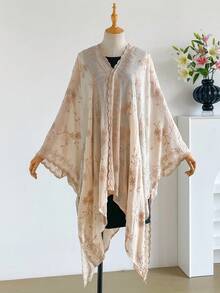 1pc Elegant Floral Pattern Bohemian Style Embroidered Split Shawl Kimono Sarong For Women, Spring/Summer Beach Vacation Sun Protection Cover-Up, Fashionable Versatile Lightweight Luxury Decorative Cardigan, Perfect For Daily Wear And Gift - Apricot - View 2