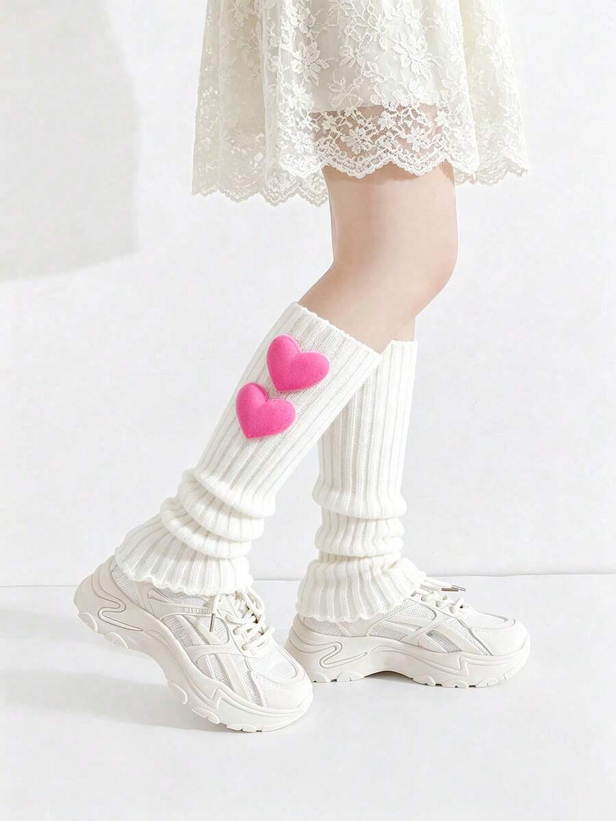 1雙女童甜美可愛3D愛心亮色春夏秋冬四季通用護腿襪,表演用彩色女童護腿襪,適合幼兒、大童與青少年,長度40cm - 白色 - 查看 1