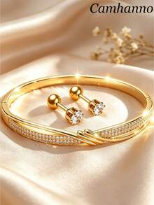 Camhanno 3pcs Luxury Double-Layer Twisted Rhinestone Stainless Steel & Copper 18K Gold Plated Bracelet And Earrings Set, Gentle Casual Commute Versatile - Gold - View 7
