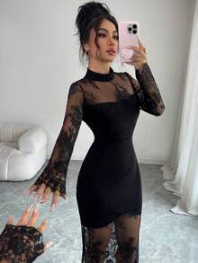 Nuevo vestido elegante y sexy de manga larga con encaje calado, ceñido a la cintura, de corte ajustado tipo sirena, de alta gama y elástico, - Champán - Ver 7