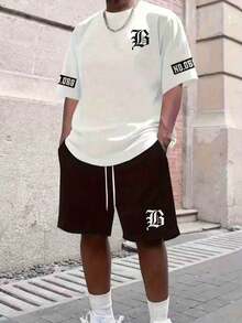 Men's White T-Shirt And Athletic Shorts Set, Featuring A Prominent Letter Print Design And B Pattern - White - View 9