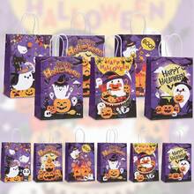 12/24PCS Halloween Series Purple Kraft Paper Gift Bags, Ghost & Pumpkin Lantern Pattern Printed Tote Bags, Multi-Functional Gift Packaging Bags For Birthday, Halloween Party Decoration, Thanksgiving, Christmas Celebration, Party Supplies Shopping Bags - 553 - View 2