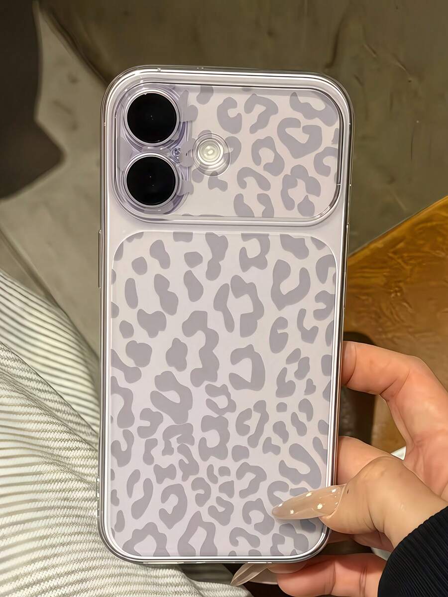 1pc Transparent White Minimalist Grey Leopard Print Full Coverage Lens Protection Anti-Drop Anti-Collision Personalized Phone Case Suitable For IPhone 16 Pro Max/17/16/15/14 Plus/13/12/11/Air - Multicolor - View 1
