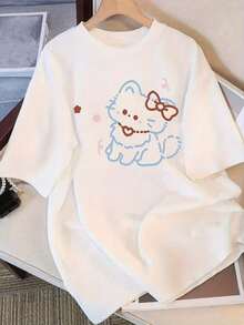 Prenda de ropa de verano: Camiseta de mujer con estampado de gato anime adorable - top blanco de manga corta, cuello redondo, algodón playeras mujer básicas blusas Y2K gym fitness casual - Blanco - Ver 1