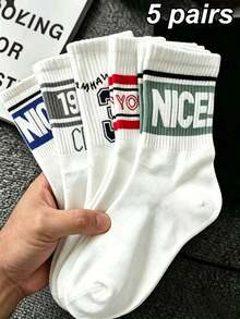 1/5 Pairs Unisex Letter & Number Mid-Calf Socks, Comfortable Breathable Sports Socks, Suitable For Back To School, Sports, Daily Wear, All Seasons - Multicolor - View 8