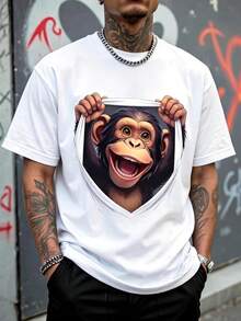 Men's Loose Fit T-Shirt, 3D Optical Illusion Illustration Of A Happy Smiling Chimpanzee Holding The Edges, Short Sleeve T-Shirt, Casual Youth Streetwear Style. - 白色 - 查看 1