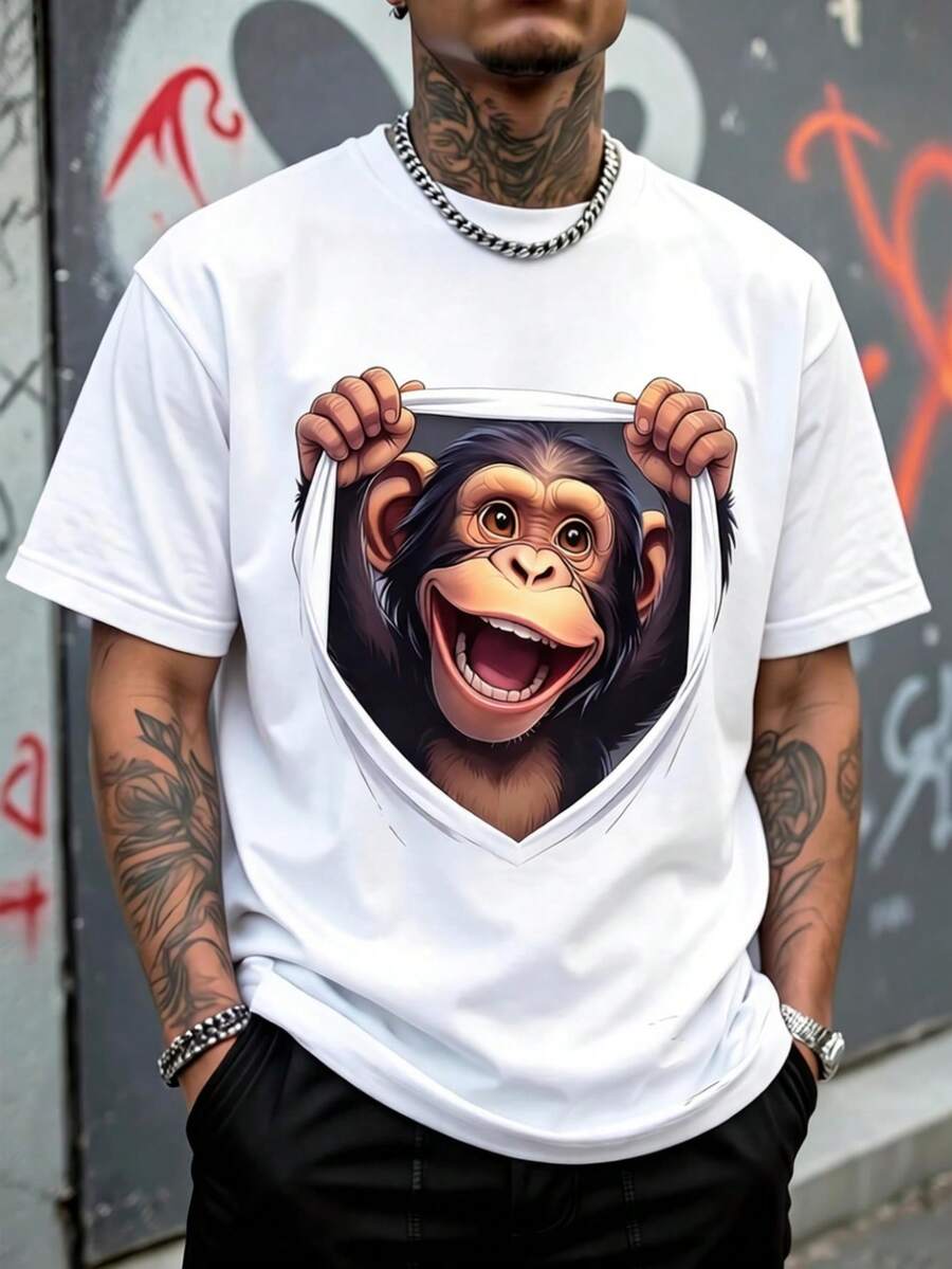 Men's Loose Fit T-Shirt, 3D Optical Illusion Illustration Of A Happy Smiling Chimpanzee Holding The Edges, Short Sleeve T-Shirt, Casual Youth Streetwear Style. - 白色 - 查看 1