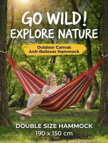 1pc Outdoor Hammock, Double Cotton Canvas Portable Camping Garden Hammock With Storage Bag And Hanging Rope, Anti-Roll Strong Durable, Red Yellow Green/Blue Green Striped/Beige Optional, Multiple Sizes, With Curved Stick Tie Rope Style & Tie Rope Style - [190x150cm Rope Tie Design + Storage Bag] - View 1