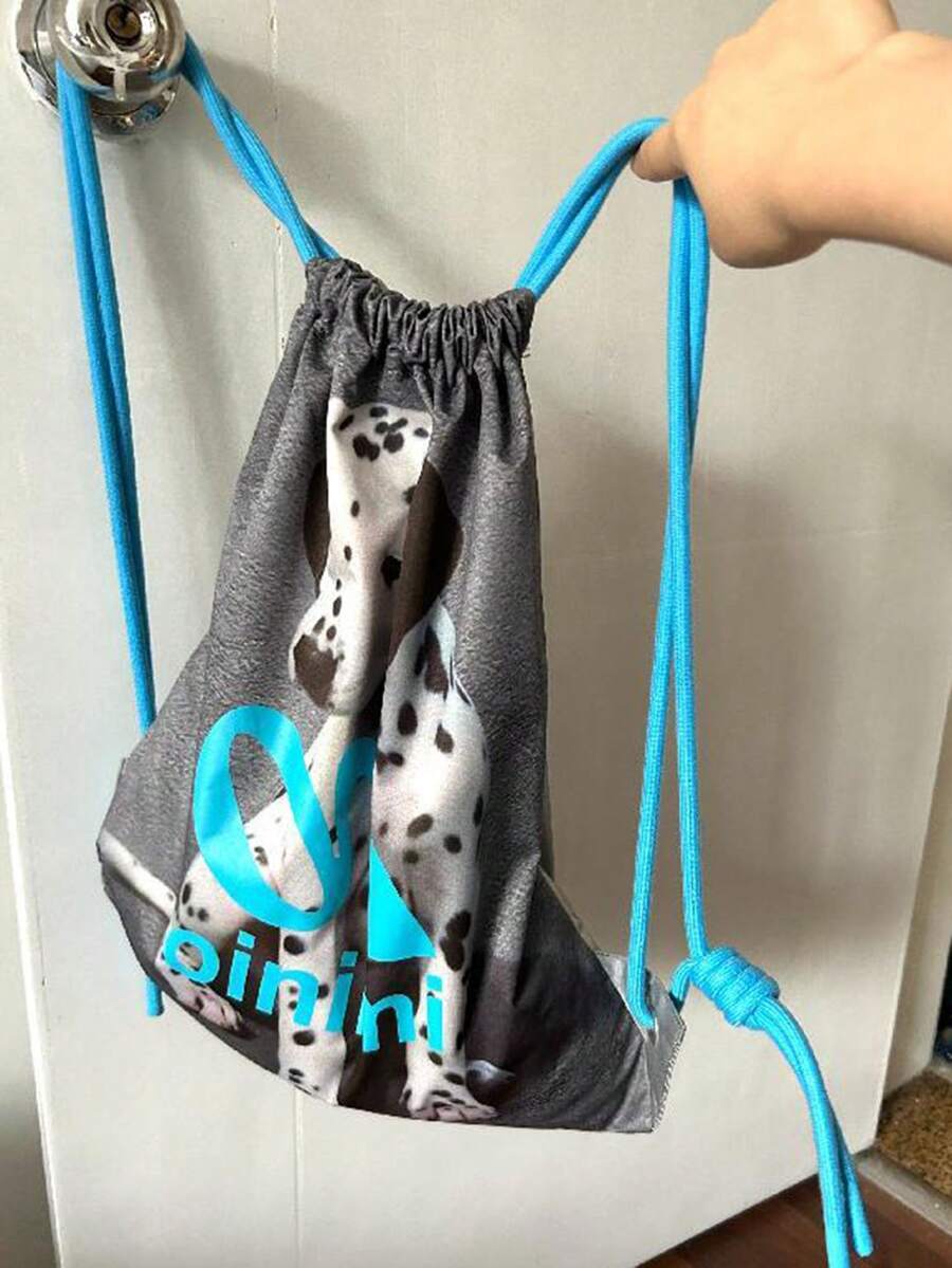 2026 New Korean-Japanese Style College Drawstring Backpack, Spotted Puppy Print, Lightweight Versatile School Bag For Travel, Double-Sided Wear, Silver And Blue Contrast Color