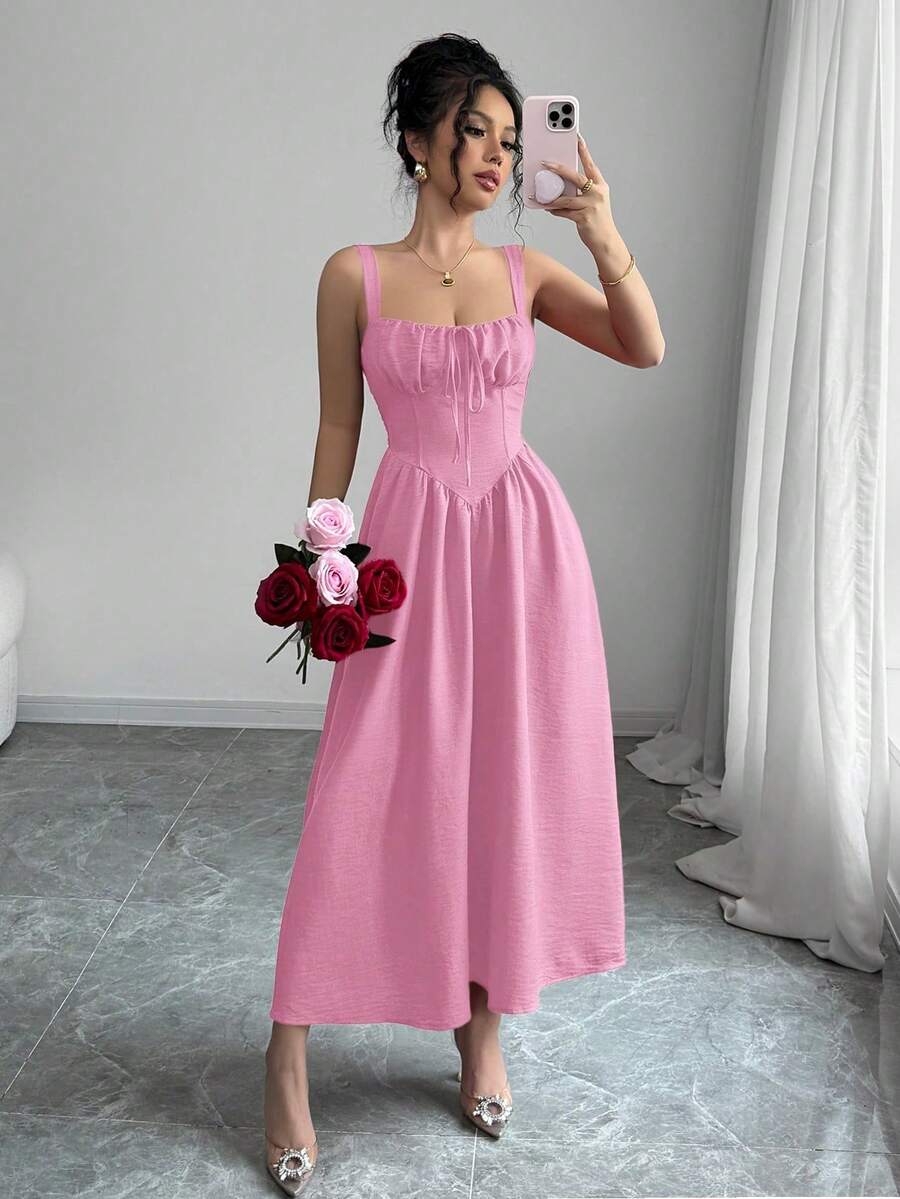 Women's Plain Red Maxi Dress For Summer 2025, Perfect For Valentine's Day Or Holidays, Featuring Ruffles At The Front, A Bow, An Asymmetrical Neckline, And A Slimmed Waist - 羅莎 - 查看 1
