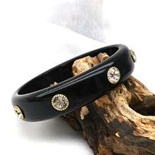 GNIT Women's Resin Gold-Tone Bracelet Set, 3pcs/1pc Stackable Bangles, Rhinestone & Silver Foil Asymmetrical Open Cuff, Personalized Jewelry - Translucent Blocks, Gold, and Black Diamonds. - View 3