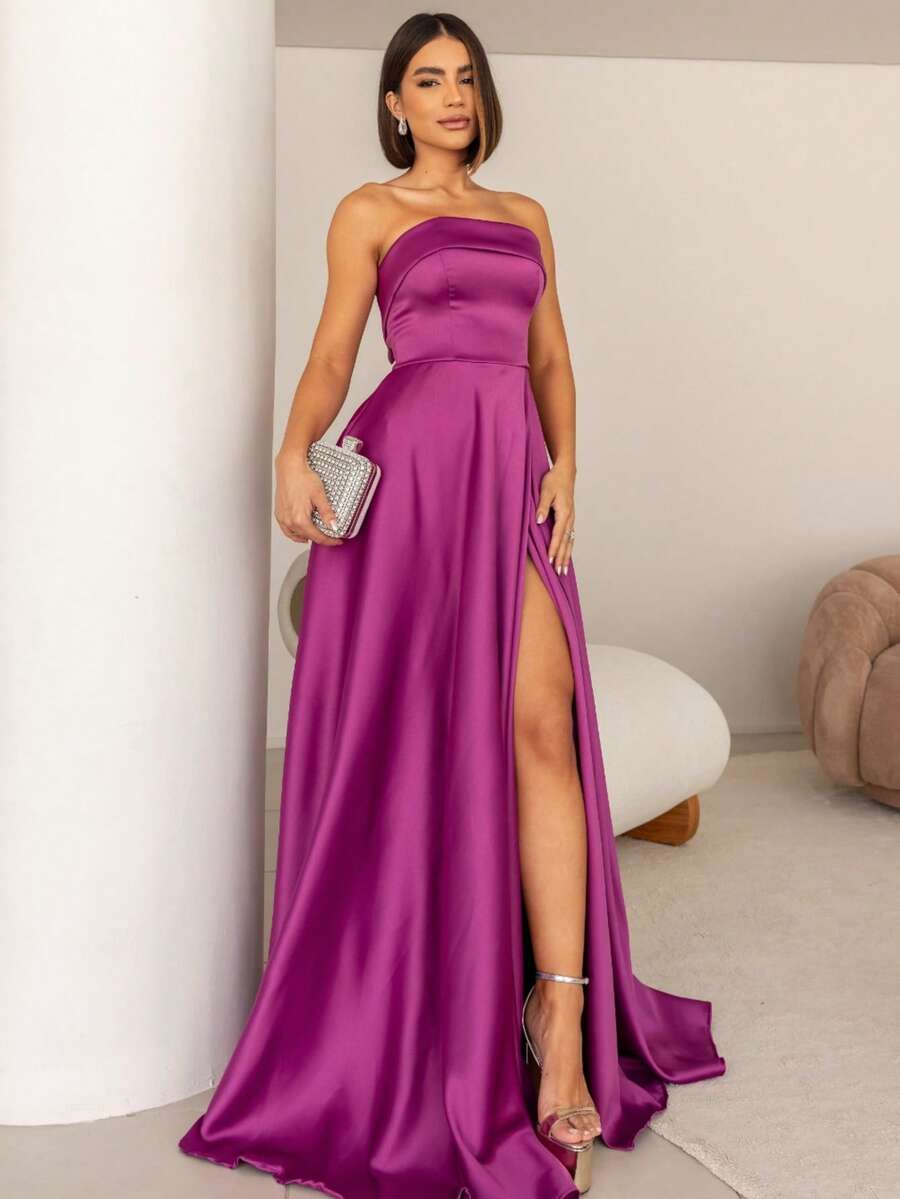 Strapless Party Dress With Crossover Back Closure. - Rose Red - View 1