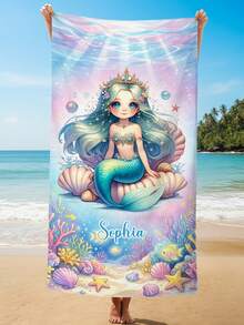 Personalized Mermaid Beach Towel, Customized Name Soft Towel, Cartoon Mermaid Ocean Theme Pattern - Multicolor - View 13