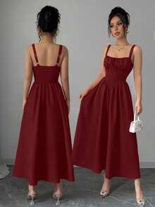 Women's Plain Red Maxi Dress For Summer 2025, Perfect For Valentine's Day Or Holidays, Featuring Ruffles At The Front, A Bow, An Asymmetrical Neckline, And A Slimmed Waist - 波爾多 - 查看 1