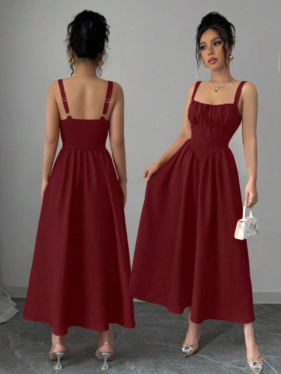 Women's Plain Red Maxi Dress For Summer 2025, Perfect For Valentine's Day Or Holidays, Featuring Ruffles At The Front, A Bow, An Asymmetrical Neckline, And A Slimmed Waist - 波爾多 - 查看 1