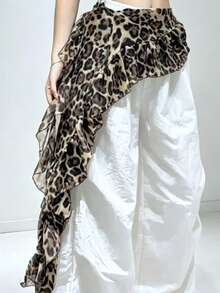 MESHUOKAI 1pc Niche Fashion Jazz Dance Ruffle Waist Scarf, Layered Leopard Print Belt School - Multicolor - View 5