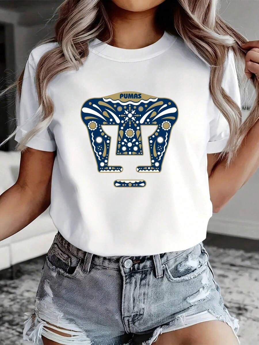 Women's White Cotton T-Shirt, Pumas UNAM Logo Print Decorated With Traditional Mexican Blue And Gold Designs, Ideal Sports Top For Football Fans - 白色 - 查看 1