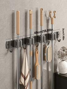 1pc Modern Metal Wall-Mounted Broom And Mop Holder, 4 Slots And 5 Hooks, Adjustable Garden Tool Storage Rack, Suitable For Home Laundry Room, Closet, Shed, Garage Storage, Can Store Rakes, Shovels, Brooms - A - View 6