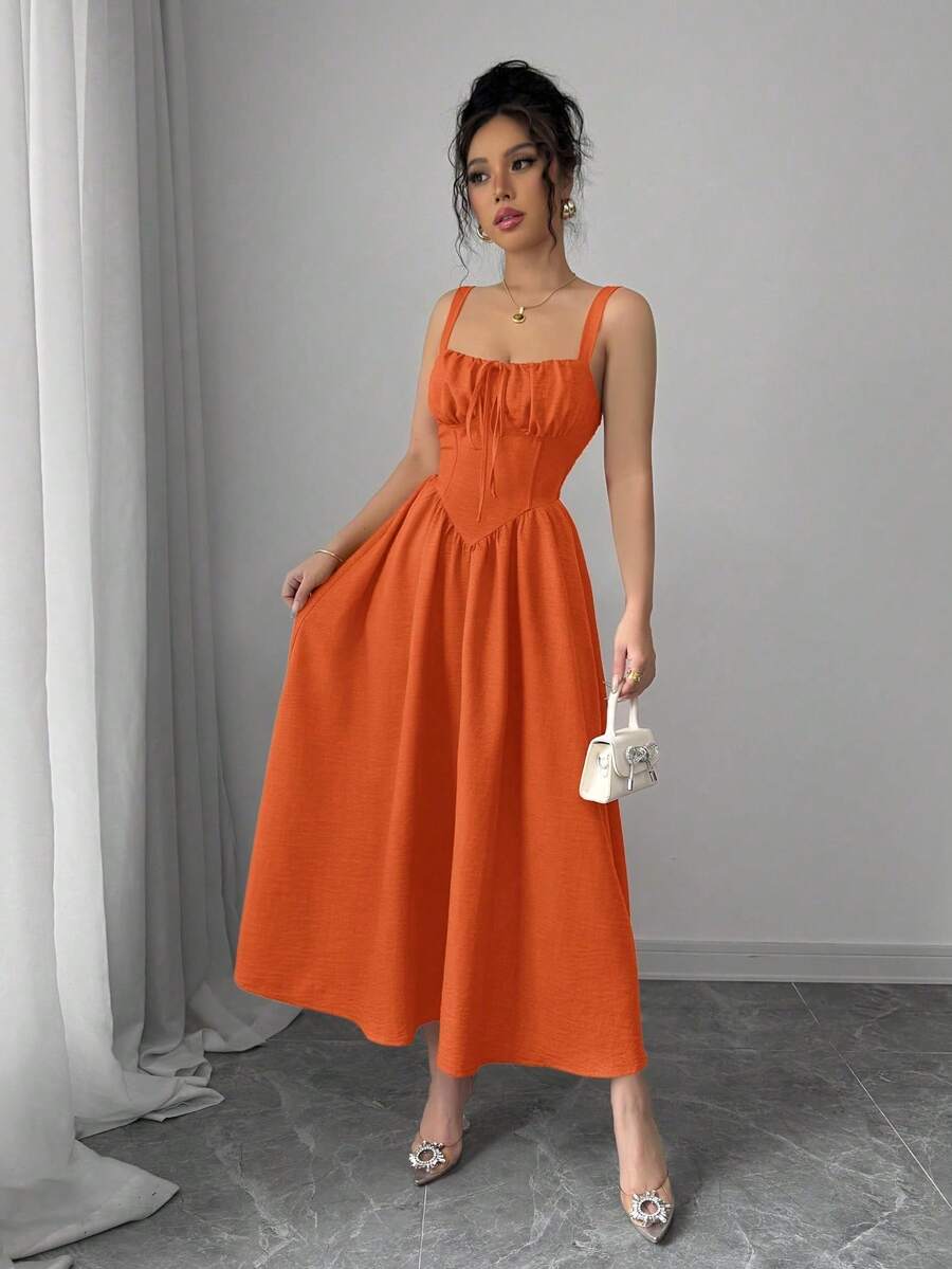 Women's Plain Red Maxi Dress For Summer 2025, Perfect For Valentine's Day Or Holidays, Featuring Ruffles At The Front, A Bow, An Asymmetrical Neckline, And A Slimmed Waist - 焦橙色 - 查看 1