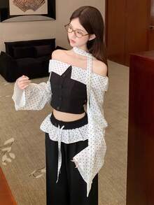 Polka Dot Patchwork Off-Shoulder Button Cropped Shirt (Free Ribbon) Black - Black - View 3