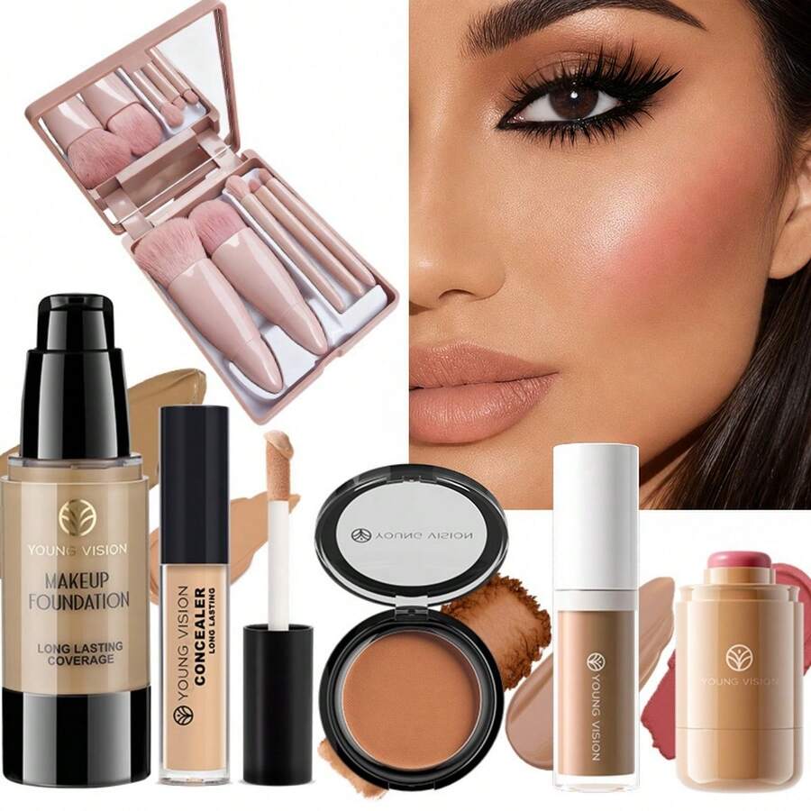 YOUNG VISION 10-Piece Facial Makeup Sets: 1 Tube Of Dark Matte Long-Wearing Foundation & 1 Concealer & 1 Blush Stick & 1 Contour Liquid & 1 Waterproof And Sweat-Proof Matte Bronze Contour Powder & 5 Facial Makeup Brushes For Makeup Sets - 彩色 - 查看 1
