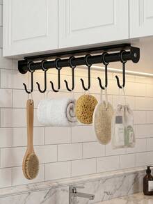 1pc Sliding Pot Rack (With Hooks) - No-Drill Hanging Storage Organizer For Pots, Pans, And Kitchen Utensils; Wall Mounted & Under Cabinet Utensil Holder With 6 Hooks, Bathroom & Home Organization, Utility Hooks - Multicolor - View 8