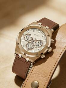 Guess Continental 男士計時石英腕錶，44mm 玫瑰金不鏽鋼錶殼，奶油色多功能子盤錶盤，棕色真皮錶帶 GW0262G3 - 金色 - 查看 9