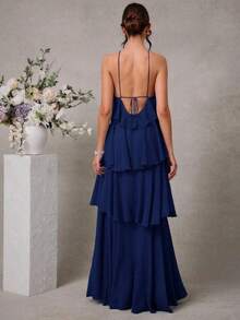 Elegante vestido maxi de gasa con cuello halter y volantes para invitados a bodas románticas - Azul Agua - Ver 6