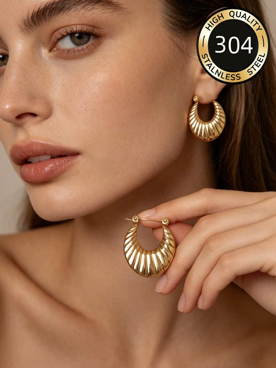 1 Pair Vintage Stainless Steel Gold Earrings, Meili Jewelry, Various Styles, Elegant And Charming Fashion Design, Wear-Resistant, Fade-Resistant, Classic Minimalist Design - Gold - View 1