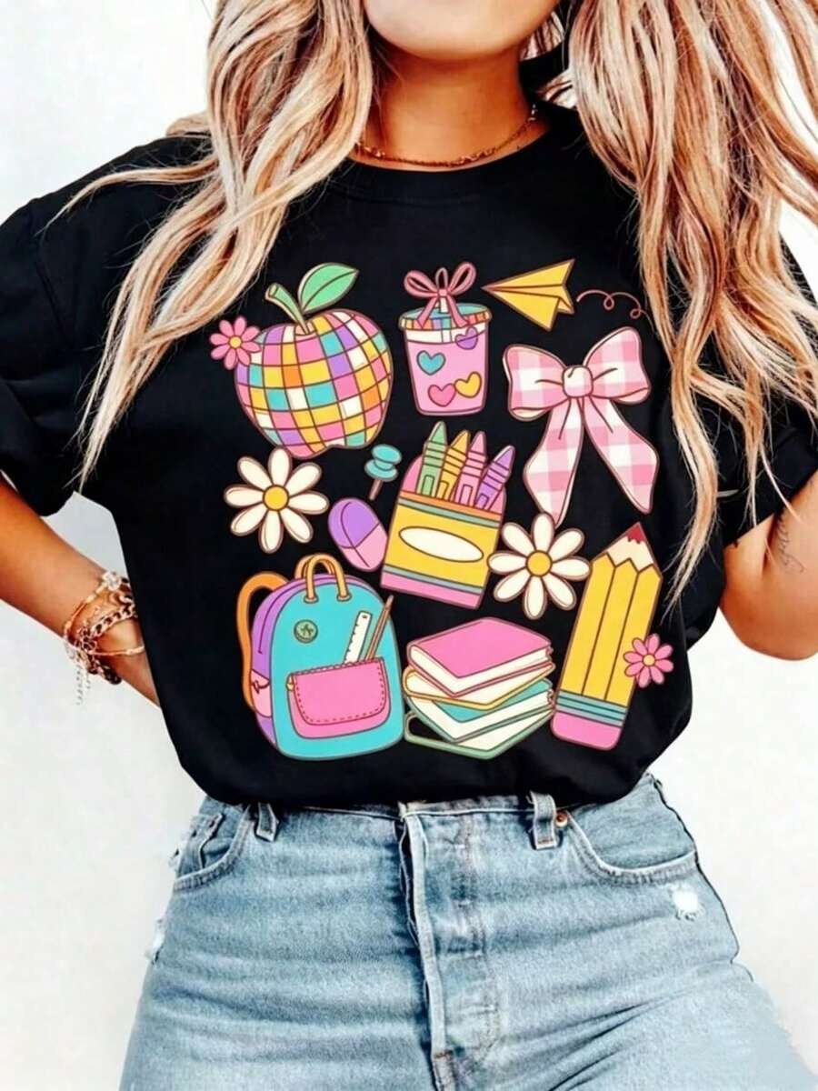 Boho-Style Teacher T-Shirt, 100% Cotton, Back-To-School T-Shirt, Cute Teacher T-Shirt With Bow, Teacher Gift, First Day Of School, Teacher Appreciation. J - 黑色 - 查看 1
