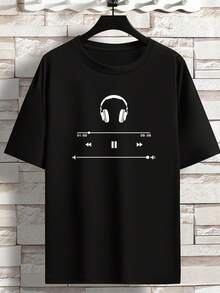 Camiseta de cuello redondo estampada de música para hombres, de manga corta y talla grande, ropa casual de primavera verano transpirable y holgada - Negro - Ver 1