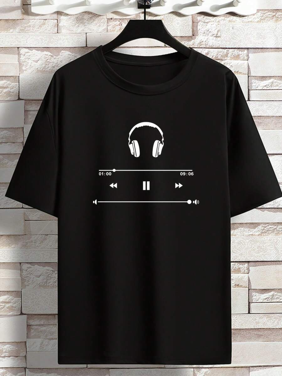 Camiseta de cuello redondo estampada de música para hombres, de manga corta y talla grande, ropa casual de primavera verano transpirable y holgada - Negro - Ver 1