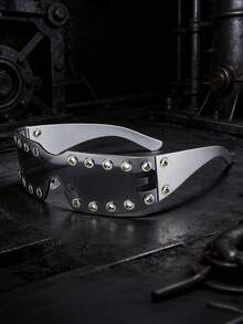 Lunettes décoratives sans monture punk sombres à rivets, style mode street Y2K millénaire hot girl tech, lunettes de mode punk européen et américain pour pose de fête, design bicolore contrasté, lunettes de mode street hip-hop pour fête et festival de musique - Multicolore - Voir 7