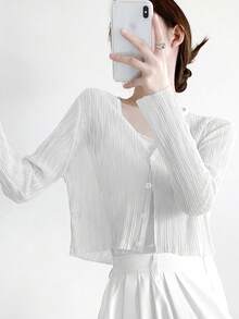 1件細肩帶洋裝配蕾絲透視罩衫，輕盈夏季短款女式罩衫 - A - 查看 12