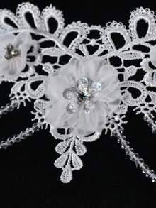 Off-Shoulder Lace Floral Rhinestone Chain Long Train Bridal Cape, Sheer Wedding Shawl - Multicolor - View 6