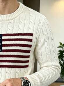 Classic Cable Knit Textured Cable Sweater For Men, Autumn/Winter Heavyweight Soft Round Neck Knit Top - White - View 4