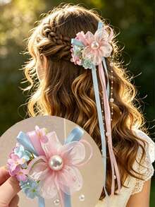 1pc Fairy-Style Bow Tassel Hair Clip, Fresh Sweet Floral Hair Accessory - Multicolor - View 1