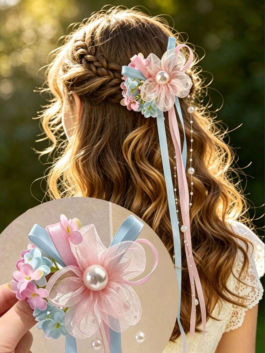 1pc Fairy-Style Bow Tassel Hair Clip, Fresh Sweet Floral Hair Accessory - Multicolor - View 1