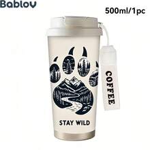 1/5個 18盎司不鏽鋼保溫咖啡隨行杯，Stay Wild 熊掌山林森林印花旅行杯，多功能翻蓋杯蓋附吸管，白色 COFFEE 掛繩，適合戶外露營愛好者的理想禮物，適用於徒步、辦公室與日常使用 - 熊爪 - 查看 4
