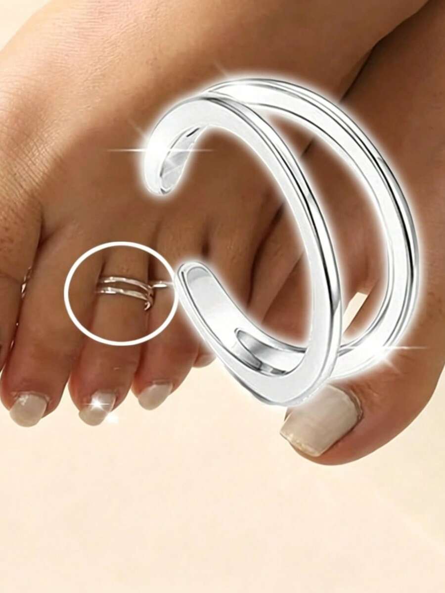 1pc Adjustable Double Layer Polished Toe Ring, Suitable For Women, Genuine, 0.08oz, Hypoallergenic, Perfect For Beach Vacation And Casual Wear, Minimalist Style - Silver - View 1