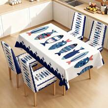 1/4/5/6/7pcs Blue And White Cartoon Fish Ocean Pattern Printed Chair Covers/Chair Slipcovers Set, Suitable For Indoor Home, Restaurant, Hotel, Ideal Choice For Modern Daily Decor. Tablecloth Fits Square Dining Table, Elastic Chair Covers Are Washable. - Multicolor - View 18