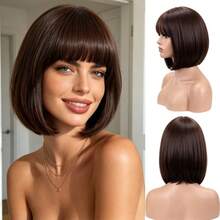 12 Inch Short Bob Wig With Bangs, Synthetic Wig For Women, Black And Brown, Suitable For Cosplay, Party, Natural Hair - Brown - View 10