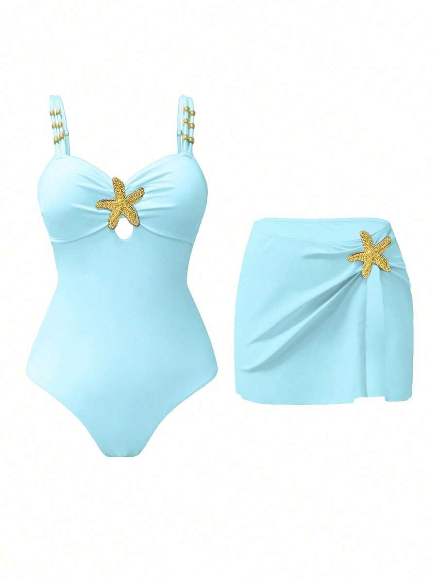 Swim 1 pieza Mono de baño casual con decoración de pentágrama lindo para mujer - Celeste - Ver 1