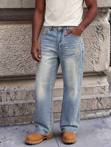 American Vintage Men's Light Blue Washed Loose Straight Leg Jeans, Side Gold Thread Flame Heavy Embroidery Design With White Distressed Texture, Spring Summer Streetwear Commute Versatile High Street Long Pants - Light Wash - View 2