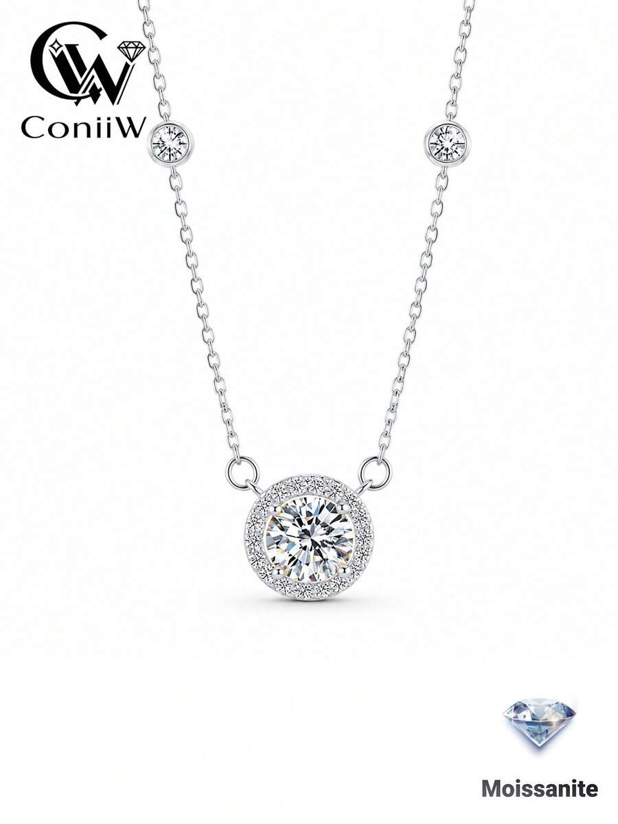 ConiiW 925純銀 1克拉圓形莫桑石 4爪經典款吊墜項鍊