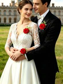 Wedding Groom & Bride Daily Wear Velvet Rose Artificial Rose Brooch Corsage Wrist Flower Set - Red - View 8