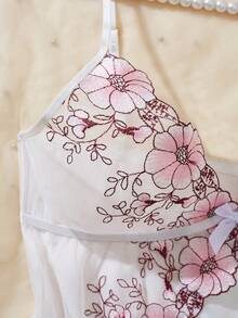 Women's Sexy Nightgown, Sheer Lace Mesh Patchwork, Adjustable Straps, Deep V-Neck, Side High Slit, Bow - White - View 6
