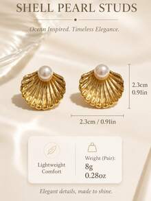 1 Pair Bohemian Ocean Vacation French Luxury 18K Gold Plated Seashell Pearl Stud Earrings, 316 Stainless Steel Hypoallergenic Earrings For Women, Back To School, Daily Commute, Workplace, Campus, Date, Party, Best Friend Gathering, Spring Outing, Vacation, Music Festival, Wedding, Holiday, Versatile - White - View 3